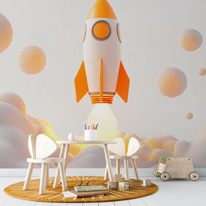 Papier peint fusée stylisée avec nuages pour chambre d'enfant, design moderne et ludique.