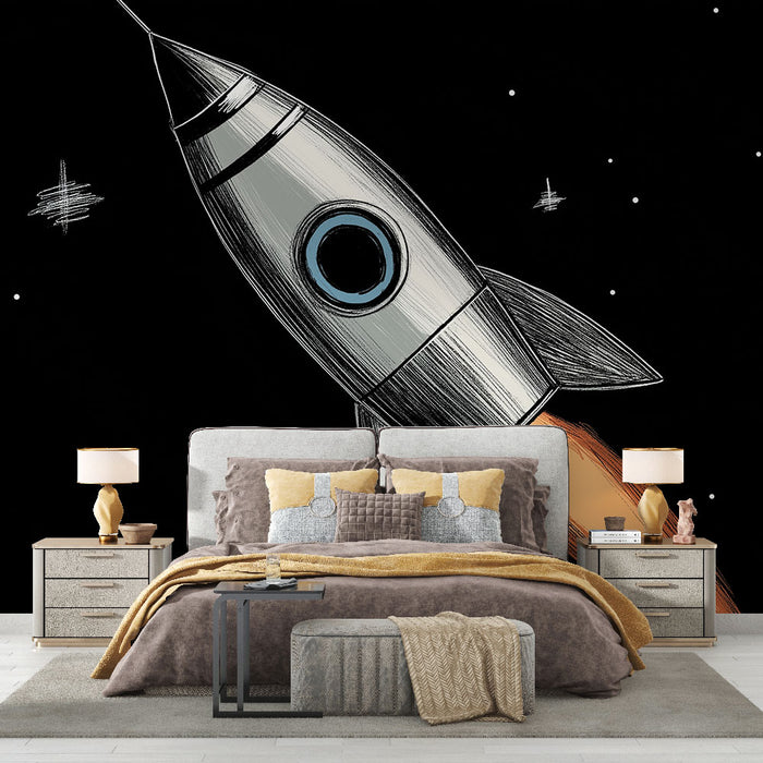 Papier peint fusée vintage s'envolant dans l'espace étoilé pour chambre d'enfant.