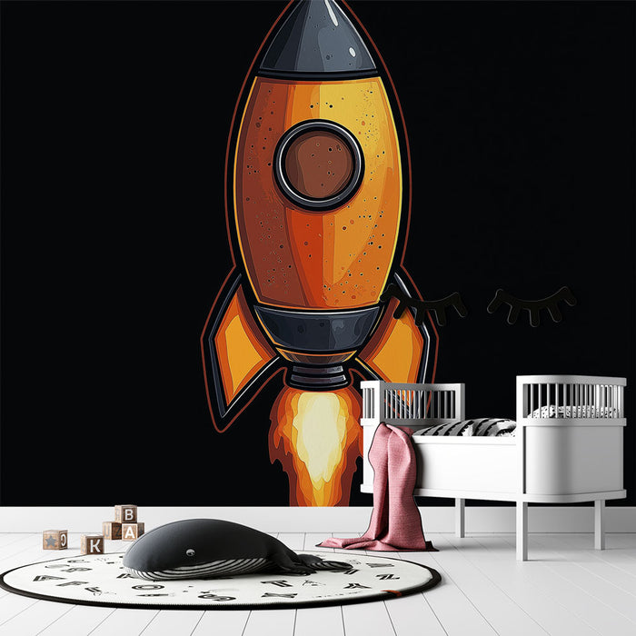 Papier peint fusée colorée sur fond noir pour chambre d'enfant, design moderne et ludique.