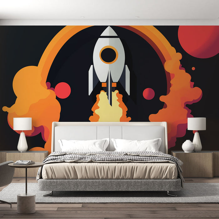 Papier peint moderne avec fusée et espace pour chambre adulte design