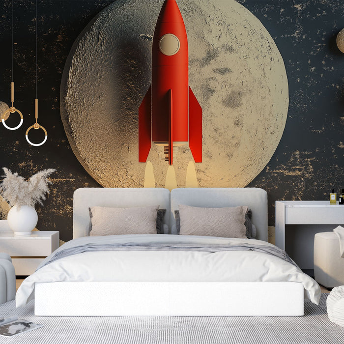 Papier peint intergalactique avec fusée rouge et lune pour chambre moderne