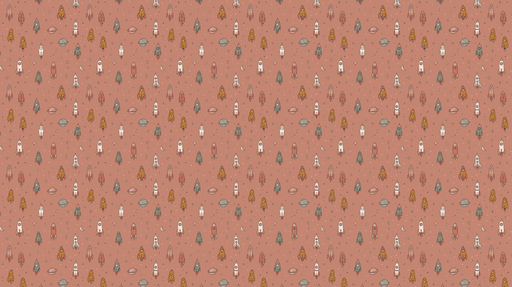 Papier peint fusées astronautes Motif ludique de fusées colorées sur fond terracota