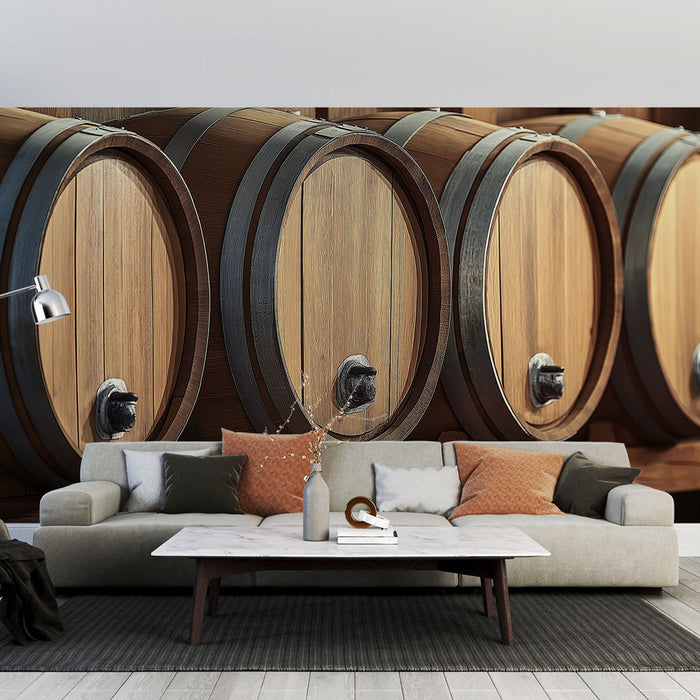 Un salon contemporain avec un papier peint représentant des fûts en bois aux teintes chaleureuses, créant une atmosphère rustique et accueillante.