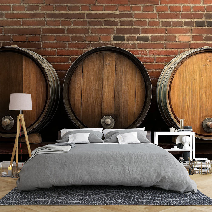 Une chambre moderne avec un papier peint en briques rouges et des fûts en bois, créant une ambiance chaleureuse et rustique.