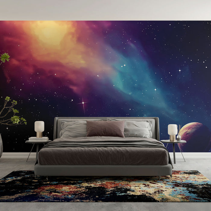 Papier peint galaxie avec étoiles et planètes pour chambre moderne et design