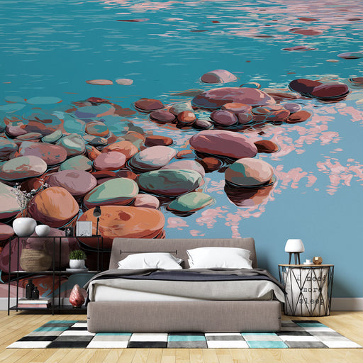 Une chambre moderne avec un papier peint représentant des galets aux teintes douces sur fond aquatique, créant une atmosphère apaisante et naturelle.