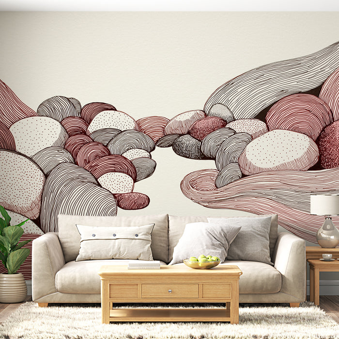 Un salon lumineux avec un papier peint graphique représentant des galets stylisés dans des teintes douces de beige et de rouge, créant une atmosphère apaisante et contemporaine.