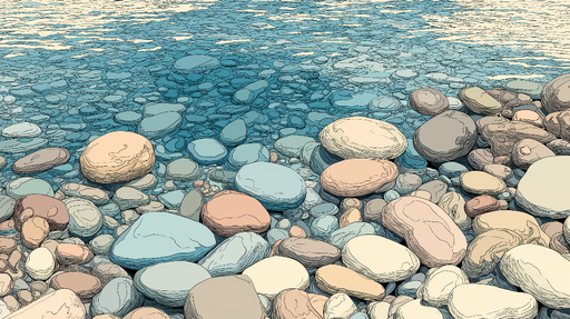 Papier peint galets au bord de l'eau Motif artistique de galets aux teintes douces et aquatiques