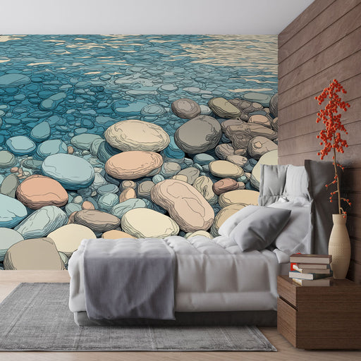 Une chambre moderne avec un papier peint représentant des galets aux teintes douces et aquatiques, créant une atmosphère paisible et relaxante.