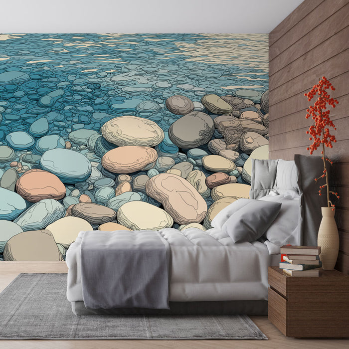 Une chambre moderne avec un papier peint représentant des galets aux teintes douces et aquatiques, créant une atmosphère paisible et relaxante.