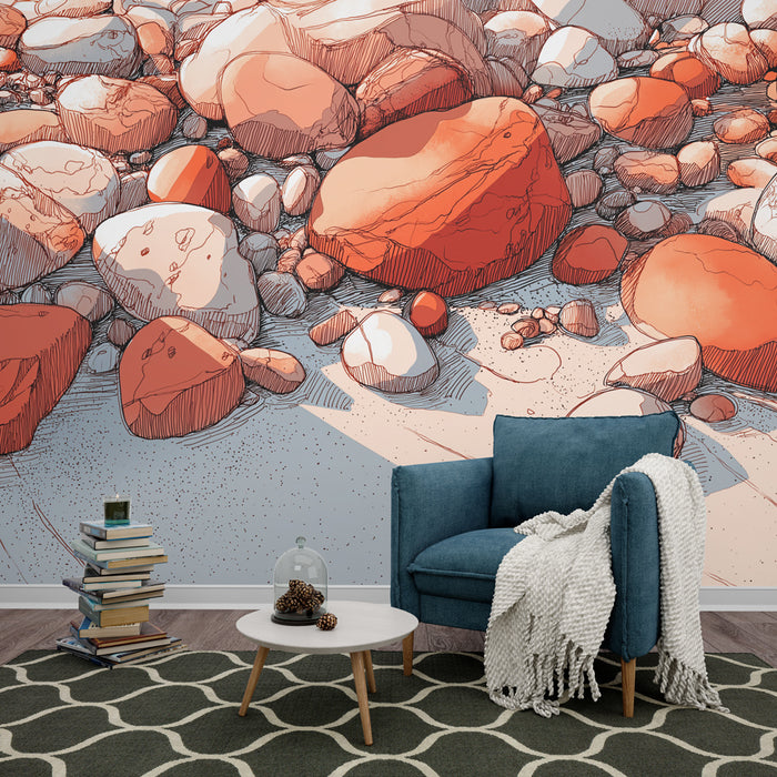 Une pièce moderne avec un papier peint illustrant des galets aux teintes orangées et blanches, créant une atmosphère naturelle et apaisante.