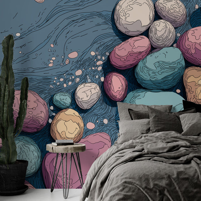 Une chambre moderne avec un papier peint artistique représentant des galets colorés sur fond bleu, créant une atmosphère apaisante et contemporaine.