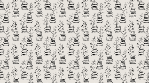 Papier peint galets et feuilles Motif délicat de galets empilés avec feuillage