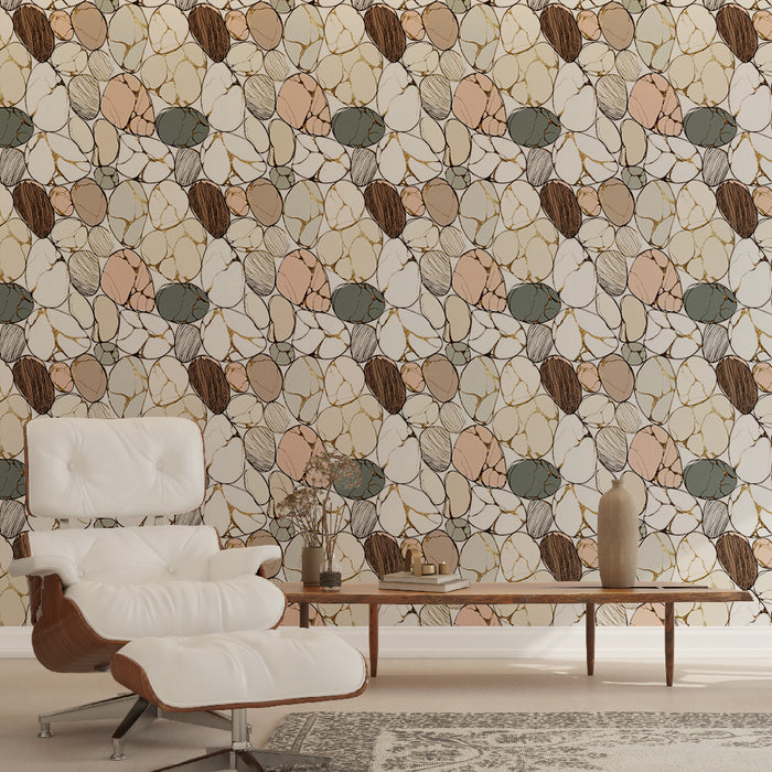 Un salon élégant avec un papier peint aux motifs organiques dans des teintes douces de beige, rose et vert, créant une atmosphère chaleureuse et contemporaine.