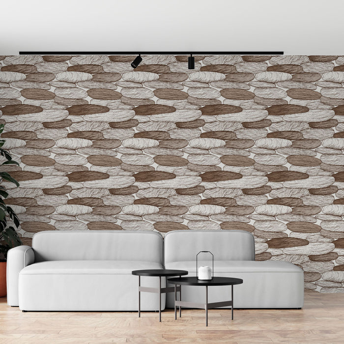 Un salon moderne avec un papier peint texturé représentant des formes organiques en tons marron et crème, créant une atmosphère chaleureuse et accueillante.