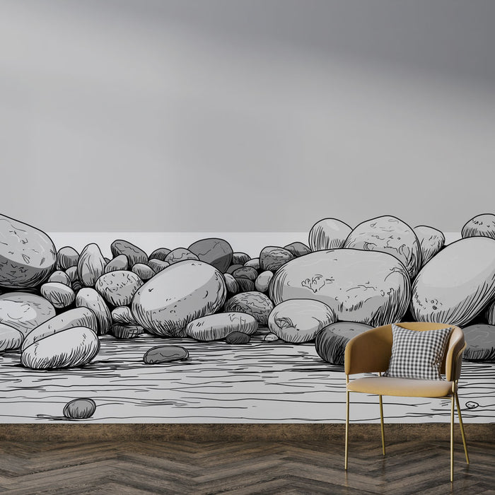 Une pièce moderne avec un papier peint illustrant des galets en noir et blanc, créant une atmosphère apaisante et naturelle.