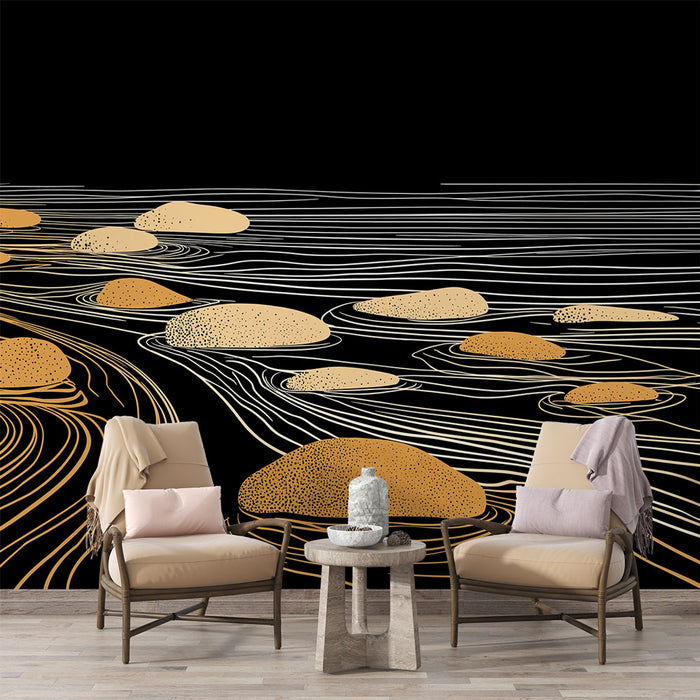 Une pièce moderne avec un papier peint abstrait noir, orné de formes ovales dorées et de lignes blanches fluides, créant une ambiance élégante et contemporaine.