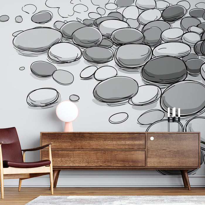 Une pièce moderne avec un papier peint représentant des galets en nuances de gris, créant une ambiance apaisante et élégante.