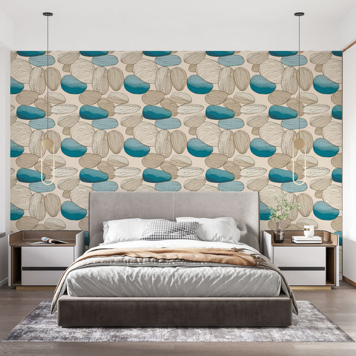 Une chambre moderne avec un papier peint aux motifs organiques de galets dans des teintes beige, turquoise et bleu, créant une ambiance apaisante et naturelle.