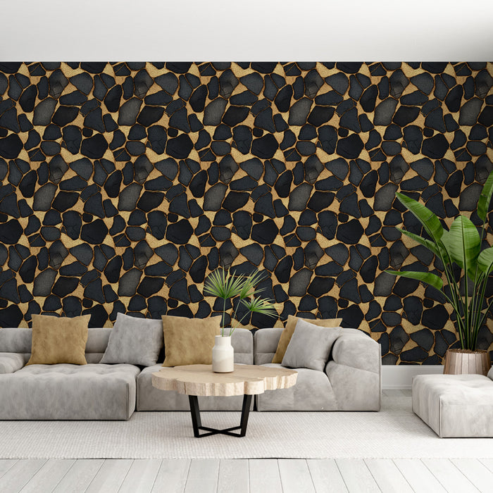 Un salon contemporain avec un papier peint aux motifs de pierres noires et dorées, créant une ambiance élégante et moderne.