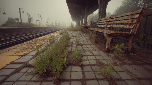 Papier peint gare abandonnée Ambiance nostalgique avec bancs rouillés et nature sauvage
