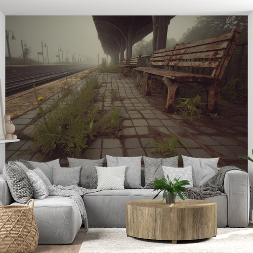 Une pièce de vie contemporaine avec un papier peint représentant une ancienne gare brumeuse, évoquant une atmosphère nostalgique et mélancolique.