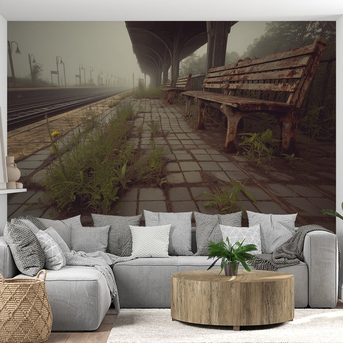 Une pièce de vie contemporaine avec un papier peint représentant une ancienne gare brumeuse, évoquant une atmosphère nostalgique et mélancolique.
