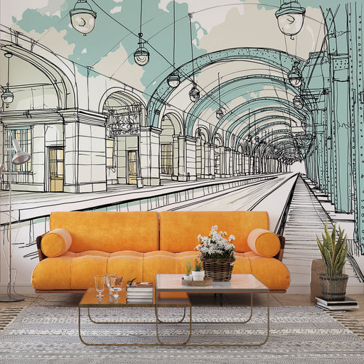 Une pièce moderne avec un papier peint illustratif représentant une perspective architecturale en noir et blanc avec des touches de bleu, créant une ambiance artistique et dynamique.