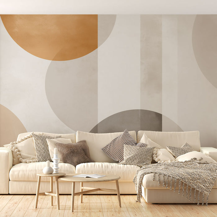 Papier peint géométrique avec cercles en tons terreux et motifs subtils pour salon moderne