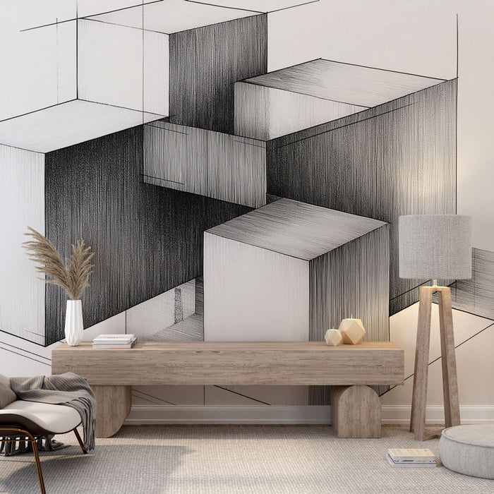 Papier peint géométrique noir et blanc avec cubes pour salon moderne et élégant