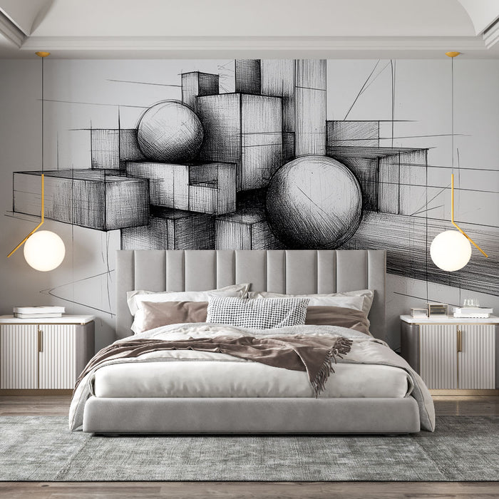 Papier peint géométrique noir et blanc avec cubes et sphères pour chambre moderne
