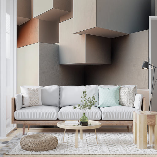 Papier peint géométrique moderne avec blocs en relief pour salon contemporain.
