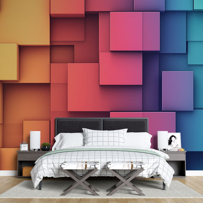 Papier peint géométrique cubes colorés en dégradé de teintes vives pour chambre moderne