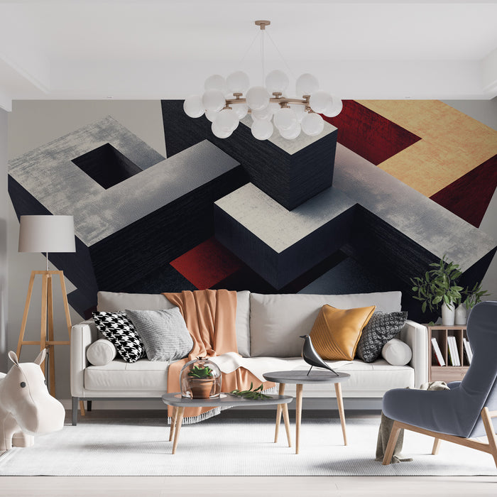 Papier peint géométrique cubes en dégradé noir et orangé pour salon moderne.