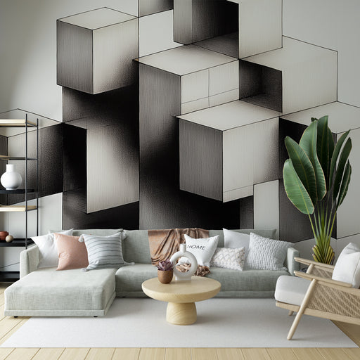 Papier peint géométrique cubes en noir et blanc pour une ambiance moderne dans un salon élégant