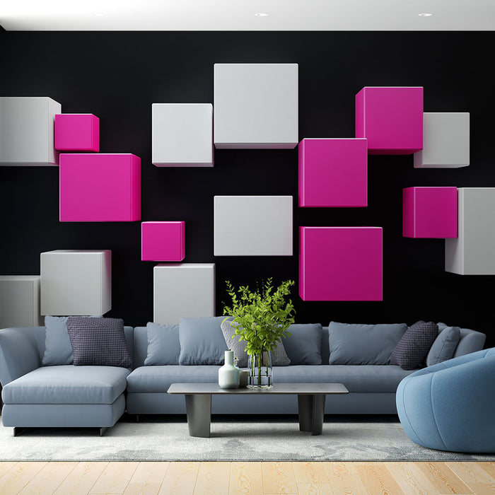 Un salon contemporain avec un papier peint noir agrémenté de cubes en relief gris et rose vif, créant une ambiance dynamique et moderne.