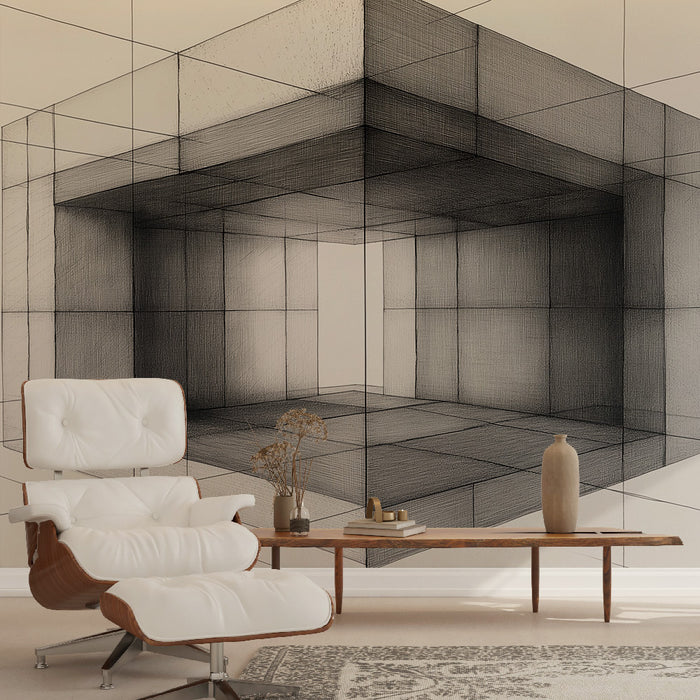 Papier peint géométrique noir et blanc avec cubes et perspectives pour salon moderne