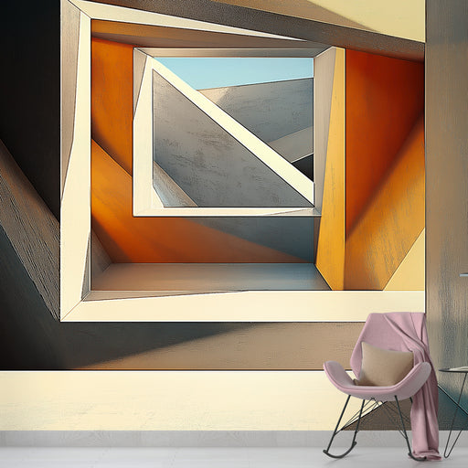 Papier peint géométrique avec découpes et ombres en dégradé de couleurs pour salon moderne.