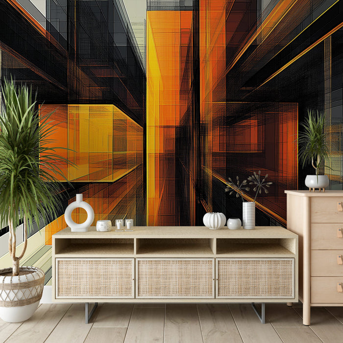 Papier peint design abstrait avec dégradé de jaune et noir pour salon moderne