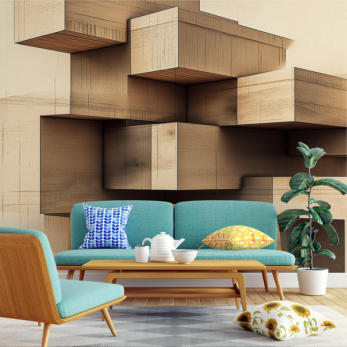 Papier peint géométrique avec formes cubiques en bois sur fond clair pour salon moderne
