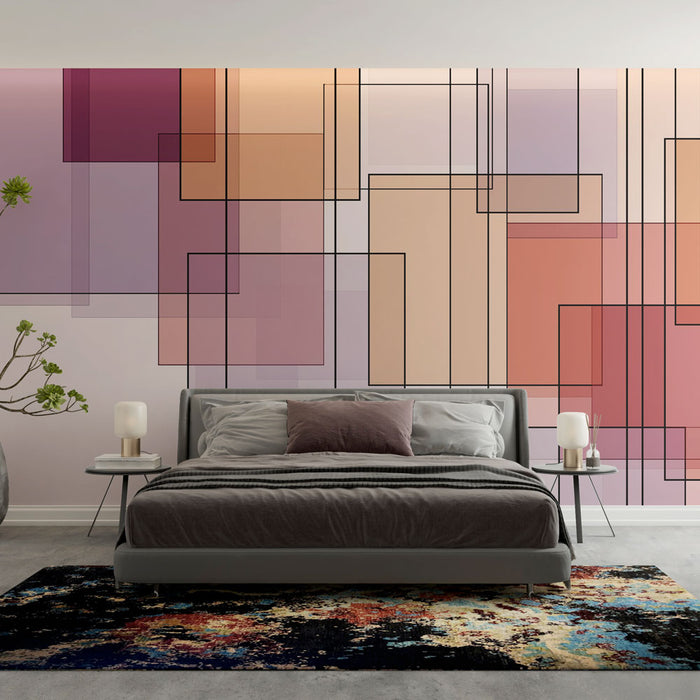 Une chambre moderne avec un papier peint abstrait aux teintes douces de rose et violet, souligné de lignes noires, créant une atmosphère élégante et contemporaine.