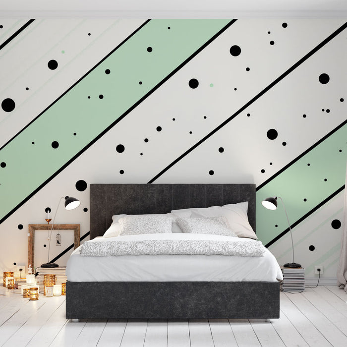 Papier peint géométrique avec lignes diagonales vertes et motifs de cercles noirs pour chambre moderne