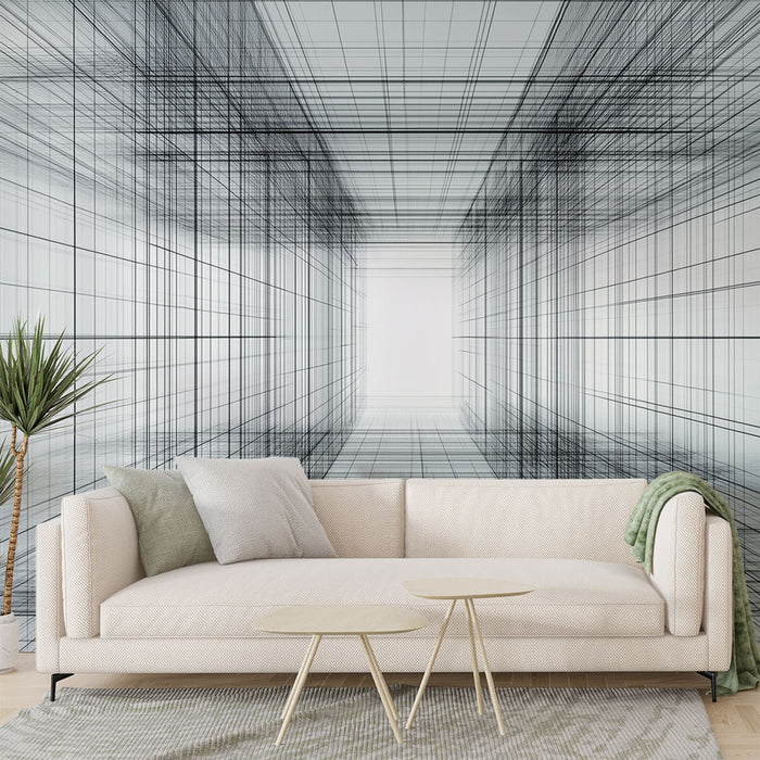 Papier peint géométrique avec lignes en perspective créant une illusion d'espace pour salon moderne