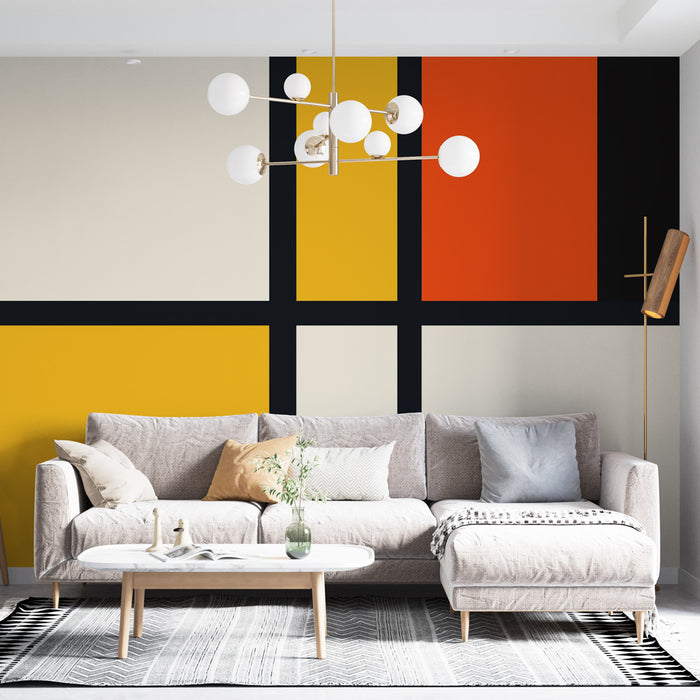 Papier peint géométrique avec motif abstrait aux couleurs vives et contrastées pour salon moderne.