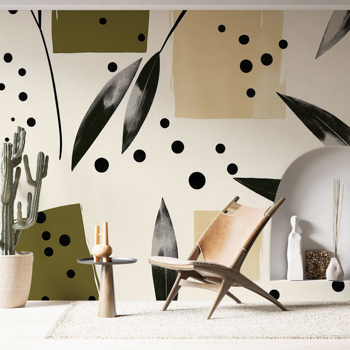 Papier peint géométrique abstrait avec feuillage et formes colorées pour salon moderne