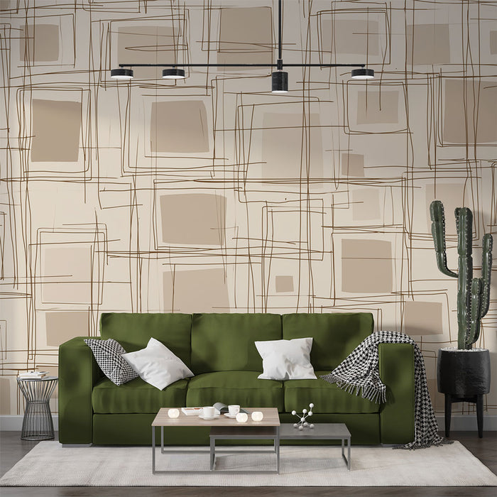 Un salon moderne avec un papier peint aux motifs abstraits de carrés beiges et lignes brunes créant une atmosphère artistique et chaleureuse.