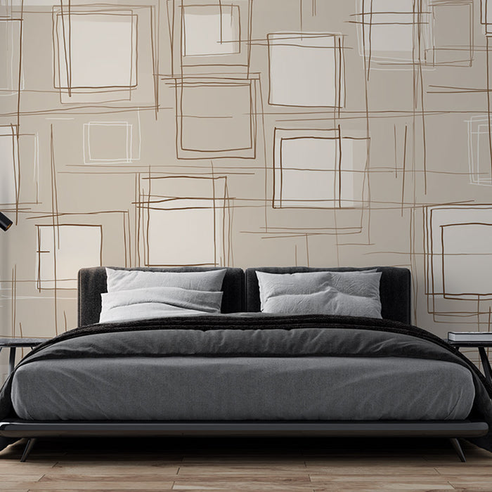Une chambre moderne avec un papier peint aux motifs géométriques beige et marron, créant une ambiance contemporaine et apaisante.