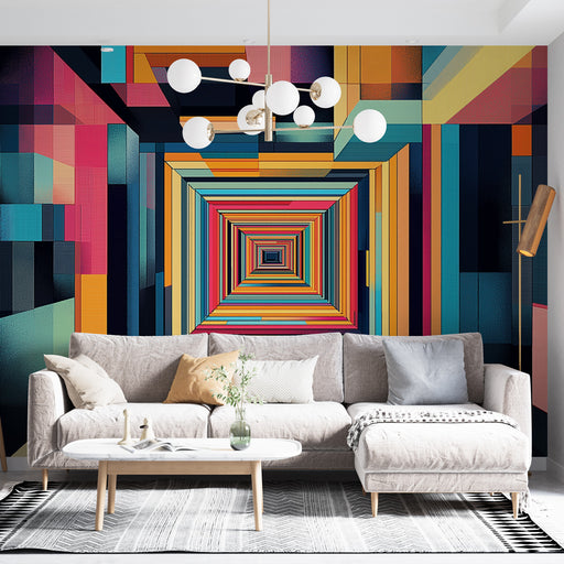 Papier peint géométrique avec motif abstrait en cubes de couleur vive pour salon moderne
