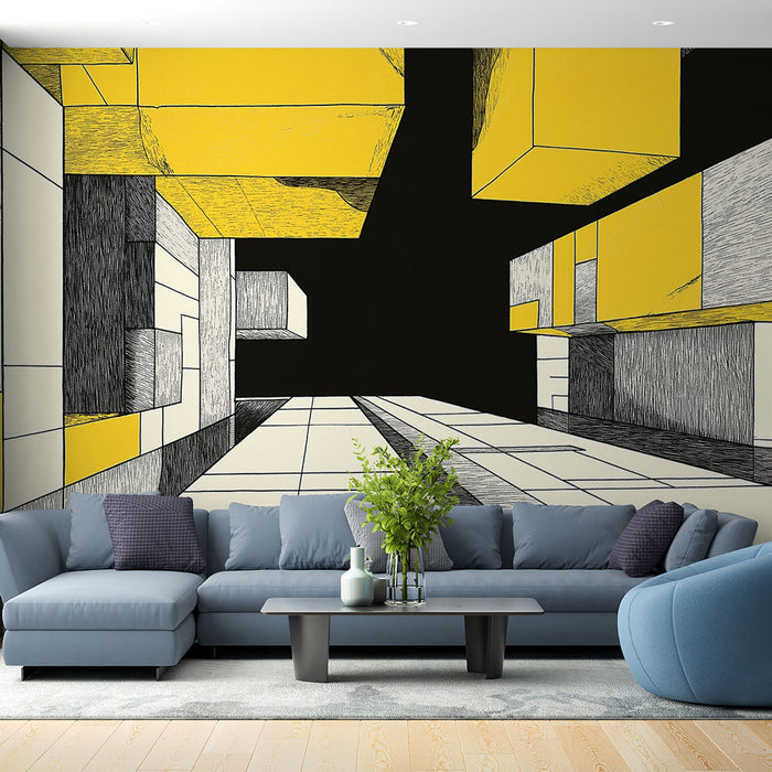 Papier peint géométrique abstrait en noir, blanc et jaune pour salon moderne