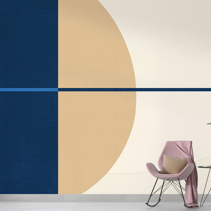 Papier peint géométrique avec motif abstrait en tons neutres et bleus pour salon moderne.